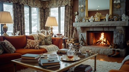 Cozy living room with fireplace, sofa, coffee table and booksの素材