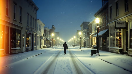 Man walking on the street at night in winter. 3d renderingの素材