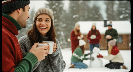 Couple drinking coffee in winter forest. Couple in love having fun in winter forest.の素材