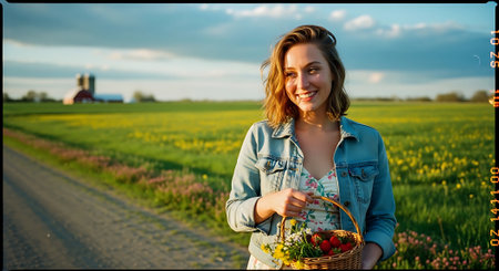 Young woman with basket of flowers in the field. Selective focus.の素材
