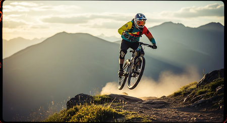 Mountain bike rider in action at high mountains. Extreme sport.の素材