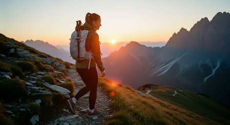 Woman hiker with backpack hiking in mountains at sunset. Travel and adventure conceptの素材