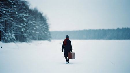 A man in a red coat with a suitcase walks through the winter forest.の素材