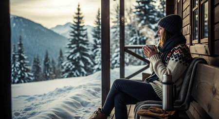 Young woman with cup of hot drink sitting on terrace in winter mountains.の素材