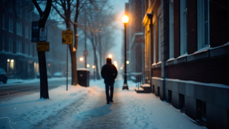 Blurred image of man walking in winter city street at night.の素材
