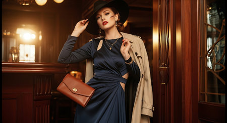 Fashionable young woman in elegant dress and hat posing in vintage interior.の素材