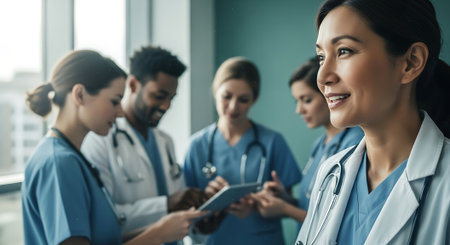 Healthcare people group. Professional doctor working in hospital office or clinic with other doctors, nurse and surgeon. Medical technology research institute and doctor staff service concept.の素材