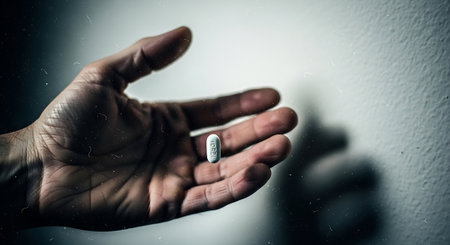Man hand holding pills. Focus on foreground, shallow DOF.の素材