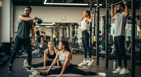 Group of young people working out with kettlebells in a gym.の素材
