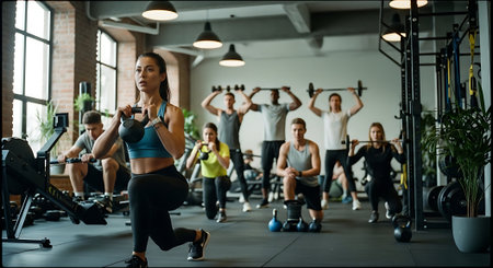 Group of people exercising with dumbbells in gym. Group of people training in the gym.の素材