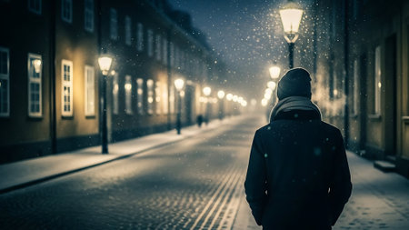 A young man in a raincoat and a hood walks along the street at nightの素材