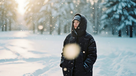 A girl in a black coat walks in the winter forest. Snowfall.の素材