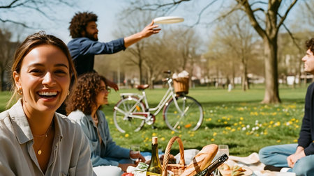 selective focus of multiethnic friends having picnic together in parkの素材