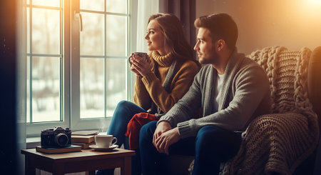 Young couple sitting on the couch and drinking coffee in the morning.の素材