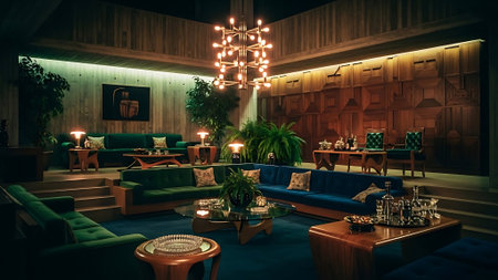 Interior of a hotel lobby at night. 3D rendering.の素材