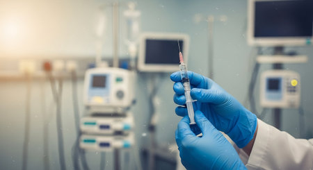 Doctor holding a syringe with a vaccine in the operating room.の素材
