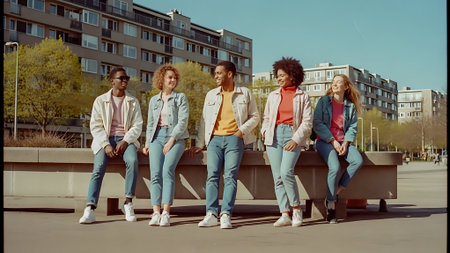 Multiethnic group of young people in casual clothes posing on the street.の素材