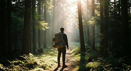 Man with backpack hiking in forest at sunset. Backpacker with backpack walking on path.の素材