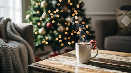 Cup of hot chocolate with candy canes on wooden table in living roomの素材