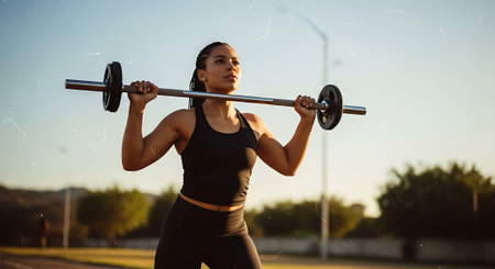Athletic young woman lifting a barbell in the parkの素材