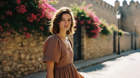 Portrait of a beautiful young brunette woman in a brown dress on the street.の素材