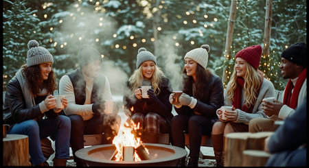 Group of young friends sitting around bonfire in winter forest and drinking coffee.の素材