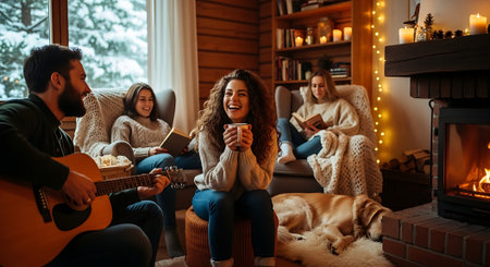 Group of young friends spending time together at home, drinking coffee and playing guitar.の素材