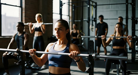 Fitness woman lifting barbell in gym. Group of young people training in gym.の素材
