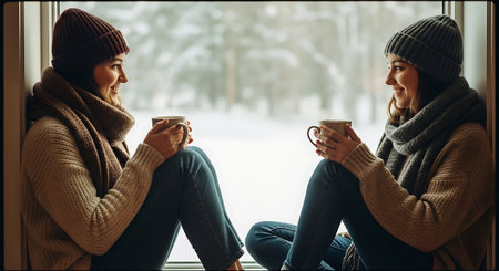 Two young women sitting on windowsill in winter and drinking coffee.の素材