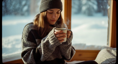 Young woman with cup of hot drink sitting on windowsill in winter forestの素材