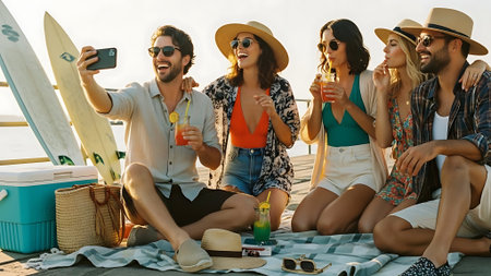 Group of friends having fun on the beach, drinking cocktails and taking selfieの素材