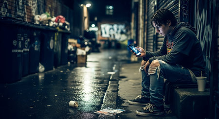 Teen Sitting in Dark Urban Alley at Night Looking at Phoneの素材