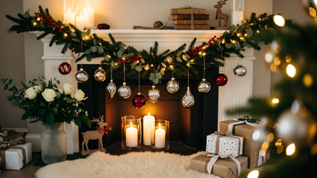 Beautiful Christmas interior with fireplace, Christmas tree, gifts and candlesの素材