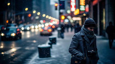 Winter City Street with Woman Walking in Snowの素材