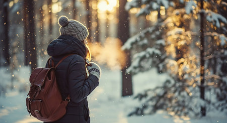 A girl in a warm hat and a backpack walks in the winter forest.の素材