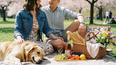 cropped shot of young couple having picnic in park with dog and wineの素材