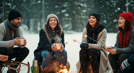 Group of friends roasting marshmallows on a bonfire in winter forest.の素材