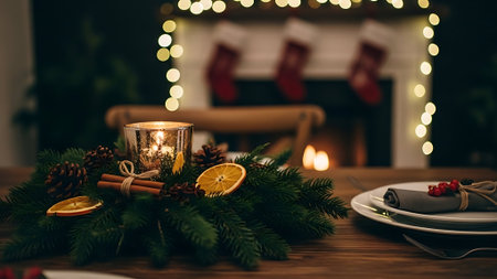 Christmas table setting with candles, fir branches and decorations on wooden tableの素材