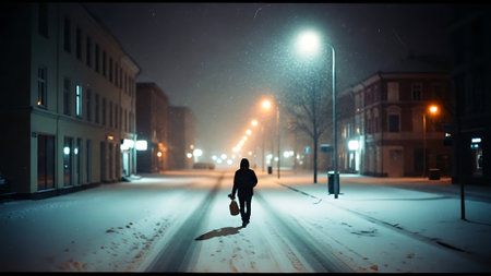 Man walking on snowy street at night. Mixed media. Mixed mediaの素材