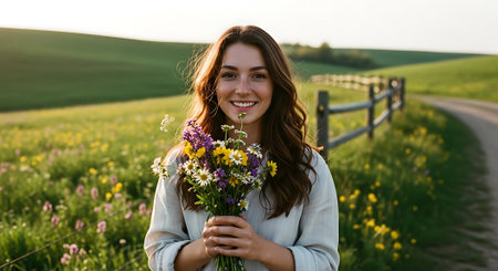Portrait of a beautiful young woman with a bouquet of wildflowers in the fieldの素材