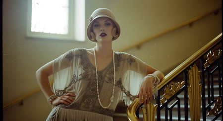 Portrait of a beautiful young woman in vintage dress and hat on the stairsの素材