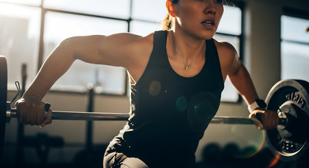 Sporty young woman lifting a barbell in a crossfit gymの素材
