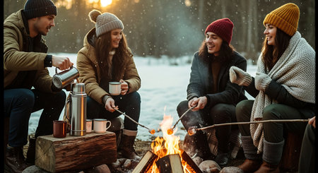 Group of friends drinking tea and warming up near bonfire in winter forestの素材