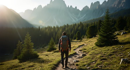 Hiker with backpack hiking in the Dolomites mountains, Italyの素材