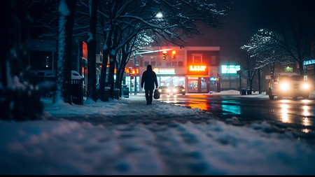 Man walking on the street at night in winter. Urban scene.の素材