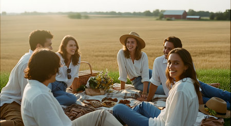 Group of happy friends having a picnic in the field at sunset.の素材