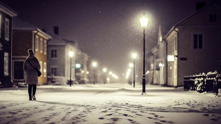 Woman walking in snowy street at night. Mixed media. Mixed mediaの素材