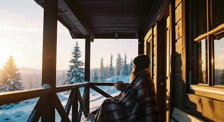 Young woman sitting on the porch of a wooden house in the mountains at sunsetの素材