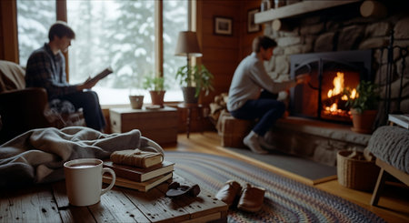 Young man reading a book and drinking coffee in front of fireplace at homeの素材