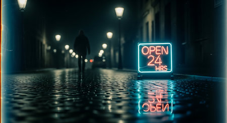 3d rendering of a neon sign on the wet street at nightの素材